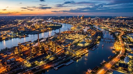 Fototapeta premium Aerial view of industrial city skyline and river at twilight with glowing urban lights.