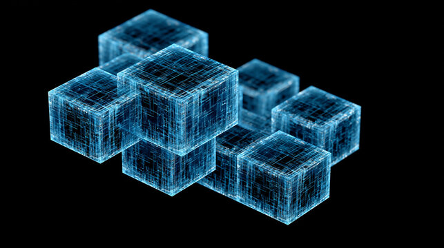 Abstract blue digital glowing cubes on black background for cryptocurrency and blockchain concepts.