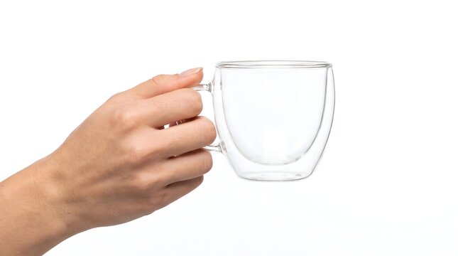 A hand holding an empty double walled glass cup isolated on white background.
