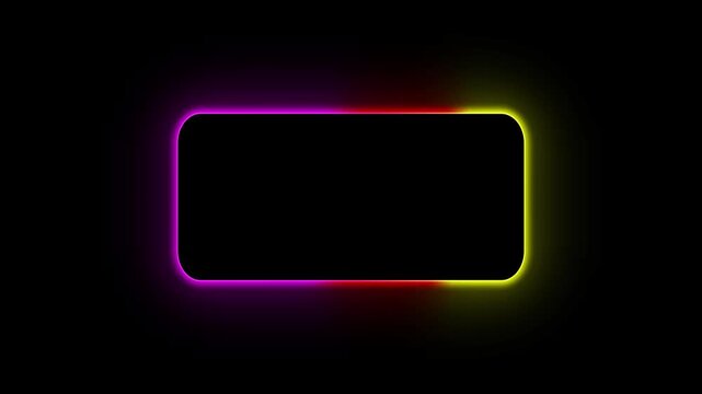 Vibrant neon frame glowing in dark space as animated digital border template with rotating colorful gradient light effects for modern media presentation design.