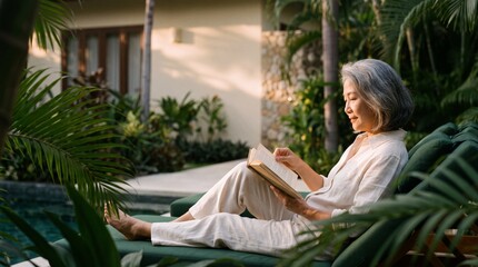Fototapeta premium Tranquil Retreat: An elegant woman with silver hair relaxes by a serene pool, engrossed in a book amidst lush tropical foliage, embodying peace and refined leisure.