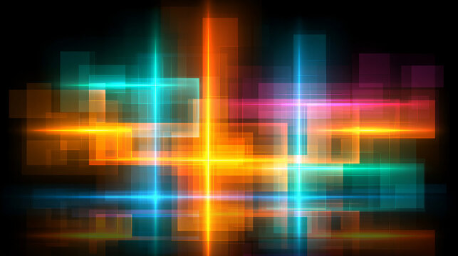 Abstract colorful digital art showcases glowing rectangular shapes and light streaks forming vibrant geometric patterns.