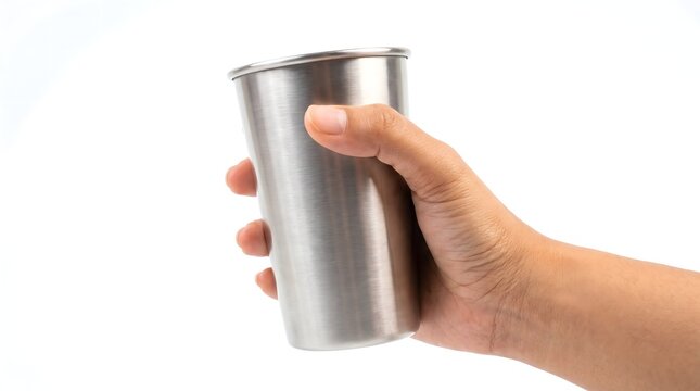A hand holding a stainless steel cup isolated on a white background.