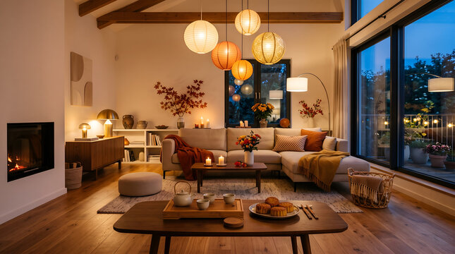 Cozy modern living room interior illuminated by warm paper lanterns at evening