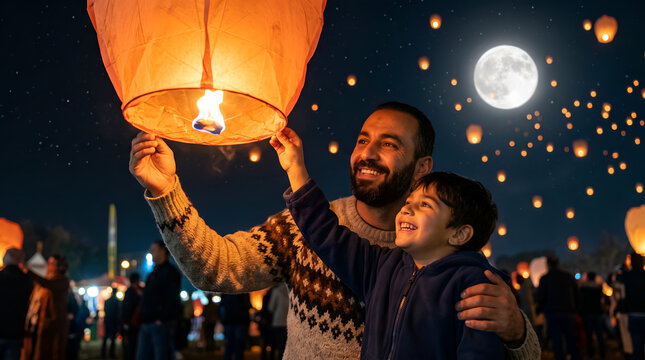 Man and young boy releasing glowing sky lantern into starry night sky