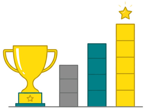 Business Success Chart with golden trophy cup and rising progress bars representing corporate achievement and leadership for marketing presentations.