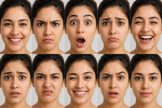 Collage of diverse facial expressions showing different human emotions on young woman with various emotions sad face surprised face emotional states mental health
