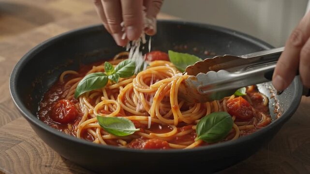 Chef preparing delicious spaghetti with tomato sauce and basil, serving in pan
