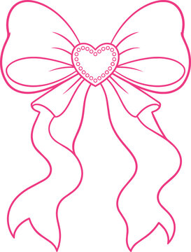 Pink Bow Ribbon Line Art with Heart Center and Long Flowing Tails on White Background