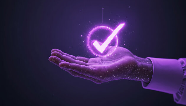 Glowing purple check mark icon floating above human hand