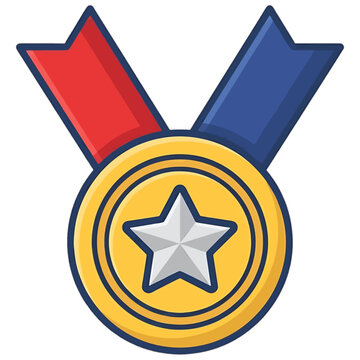 Gold Medal Award with Silver Star and Red Blue Ribbons for Achievement Victory Trophy Icon for Gamification and Sports Competition Assets