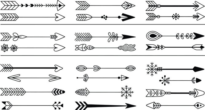 Tribal Arrow Vector Collection, decorative arrow symbols for indigenous-inspired patterns, tattoo art, boho design, navigation, and graphic illustration