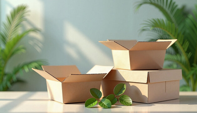 Eco-friendly cardboard food boxes with green leaves, Biodegradable packaging and eco friendly disposable tableware, Modern biodegradable packaging concept for takeaway food and cafe, biodegradable