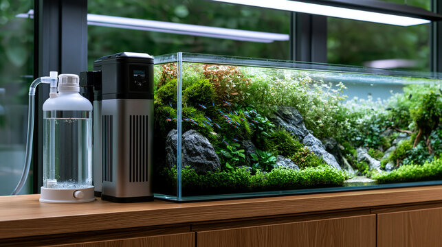 Aquascape setup showcasing a lush freshwater planted aquarium with rocks, moss, and small fish, creating a vibrant aquatic ecosystem in a modern interior