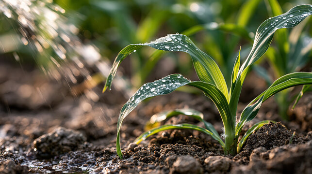 Corn seedling receiving water, showing fresh green leaves with water droplets and healthy growth in dark, rich soil under natural light