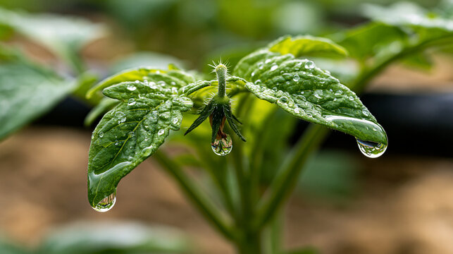 Tomato plant leaf and flower bud featuring glistening water droplets, reflecting sunlight, symbolizing growth, freshness, and the vitality of nature in agricultural settings