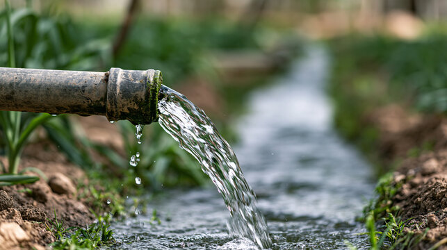 Water pouring from old metal pipe creating stream in narrow ditch, nourishing growing plants in rural farming landscape, representing efficient irrigation and vital agricultural processes, copy space