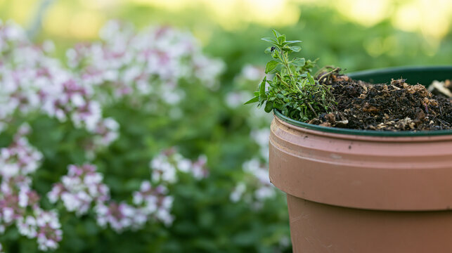 Fresh oregano herb grows from rich soil in a terracotta pot. Showcasing vibrant green foliage in an outdoor garden with blurred flowering plants in the background, copy space