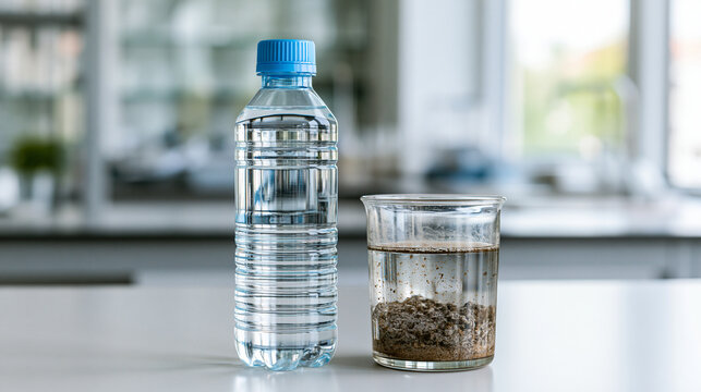 Bottled pure drinking water compares with contaminated water in a beaker. Highlighting the urgent global need for clean water. Water purification. Pollution control, copy space