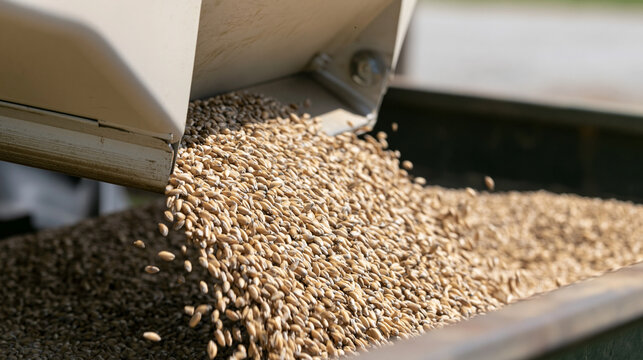 Freshly harvested wheat grain pouring from a combine harvester into a large farm truck, representing agricultural abundance and food production, copy space