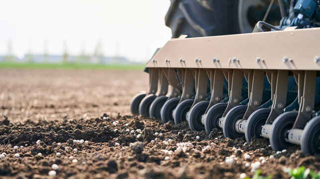 Farming equipment sowing seeds in fertile agricultural field, planting new crops and fertilizing soil during spring season, promoting growth and harvest, copy space