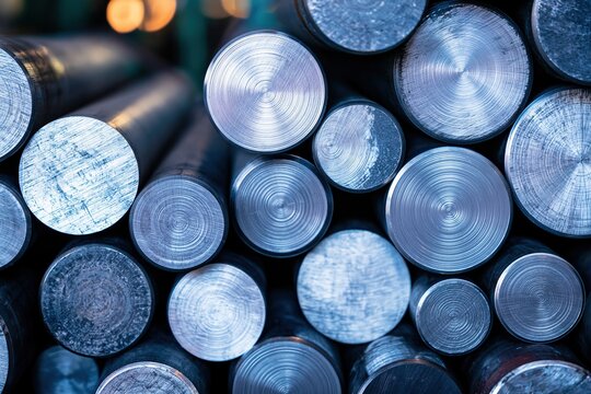Clean aluminum bars viewed from their round ends with varied diameters, ideal for metal production, construction and industrial business concepts.