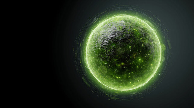 Abstract digital glowing sphere with intricate green neon data streams and technological HUD elements.