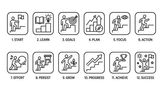 Collection of twelve flat vector icons illustrating various workout and exercise activities.