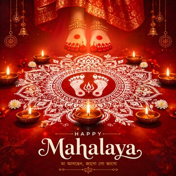 Devi's Feet adorned with alta and anklets on a vibrant rangoli with diyas during Mahalaya festival celebration
