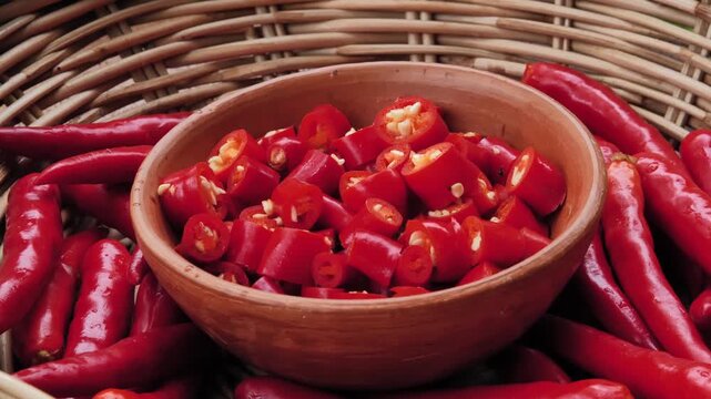 Sliced fresh red chili peppers in a basket
