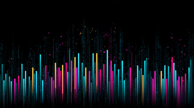 Abstract digital sound wave equalizer with glowing cyan and magenta vertical bars for music visualizer backgrounds.