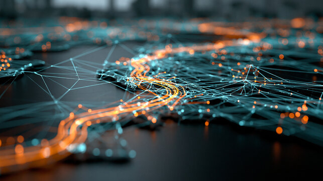 Abstract digital network map with glowing orange and blue light nodes representing global connectivity and data communication systems.