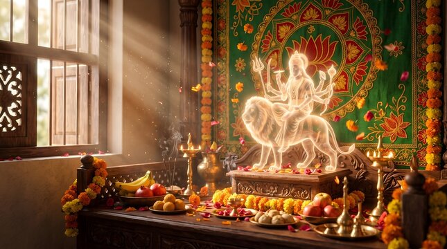 Ethereal glow of Goddess Durga riding a lion during Navratri festival