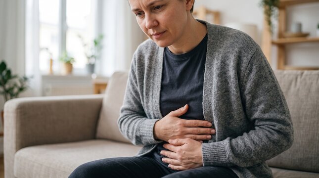 Middle-aged woman suffering from stomach pain at home, mature female with abdominal ache on sofa, digestive health problems