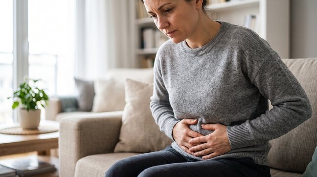 Stomach ache and abdominal pain, woman holding belly in discomfort on sofa, digestive health and menstruation cramps concept