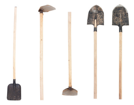 Garden Shovels and Hoes Isolated on White Background