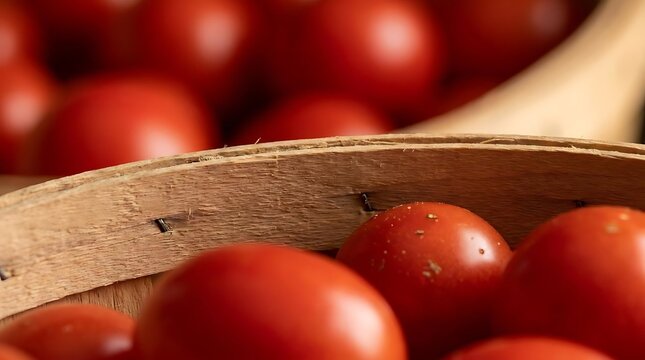 A bushel of tomatoes captured in a detailed close-up shot, showcasing fresh red vegetables ready for harvest in a rustic wooden basket for culinary use.