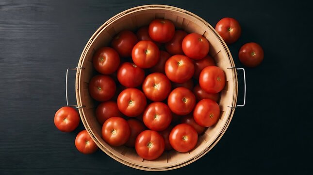 A bushel of tomatoes placed in a round wooden basket viewed from directly above against a dark black wooden background featuring fresh red vegetables