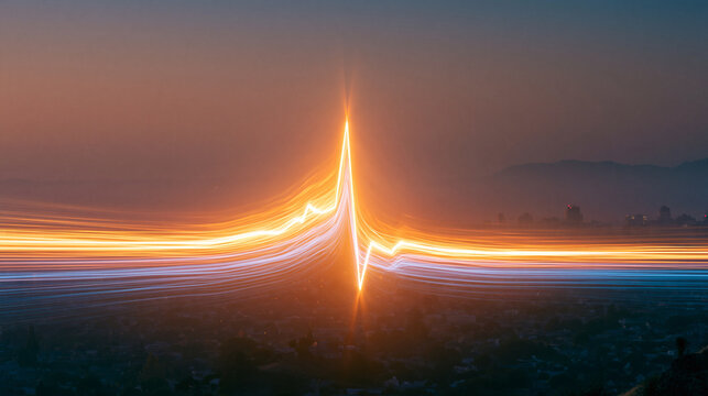 Abstract energy wave pulse with city lights and sunset for technology concept.