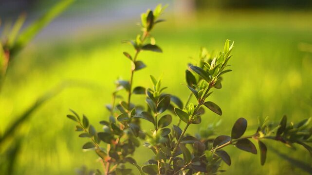 The vibrant green plant displays fresh leaves as sunlight illuminates the plant. The lush grass forms a contrasting backdrop for the green plant.