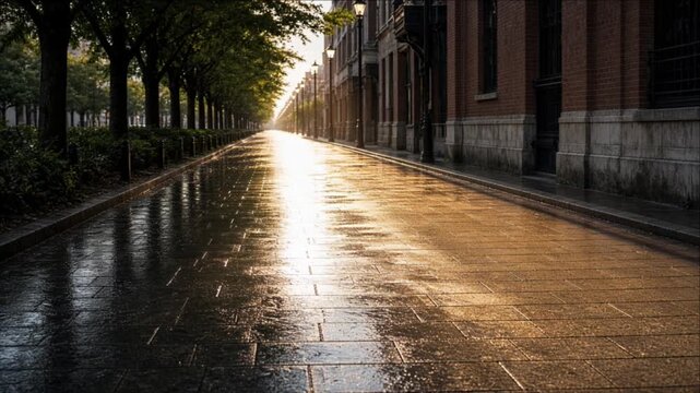 Cinematic city timelapse background of rain soaked street avenue with reflection across wet pavement, historic brick architecture and building facades creating calm atmospheric urban evening scene