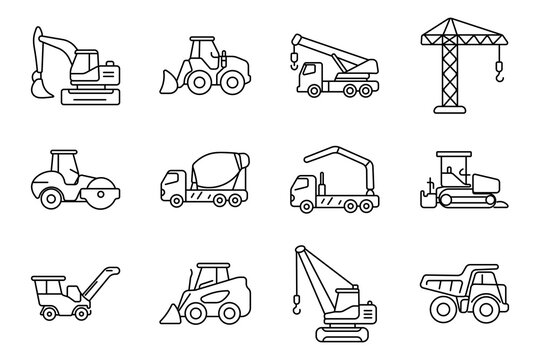 Construction machinery set icon. Excavator, loader, mobile crane, tower crane, road roller, concrete mixer, pump truck, bulldozer, asphalt paver, skid steer, crawler hoist, dumper, heavy equipment