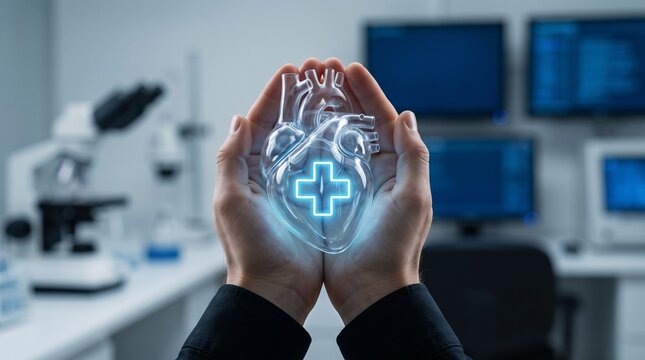 Hands holding a glowing holographic human heart with a medical cross in a science laboratory setting.