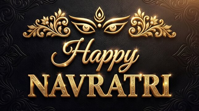 Elegant Happy Navratri Greeting with Golden Goddess Eyes and Ornamental Black Background