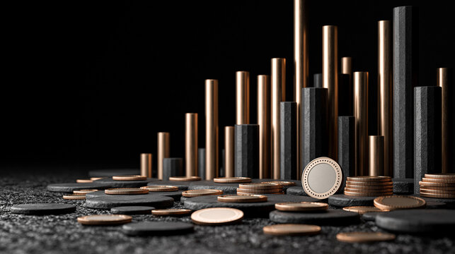 Abstract financial bar chart with metallic gold cylinders and black textured coins on dark background.