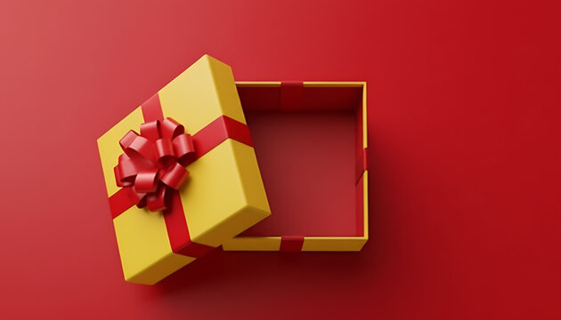Open yellow gift box with red ribbon on red background