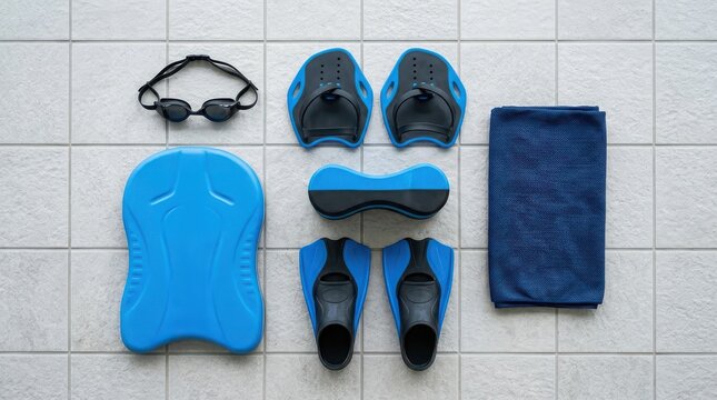 Swimming training gear including goggles, hand paddles, a pull buoy, fins, a kickboard, and a towel isolated on white background