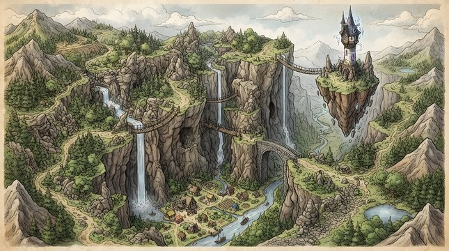Wizard Tower on Floating Island Fantasy Map Watercolor Art
