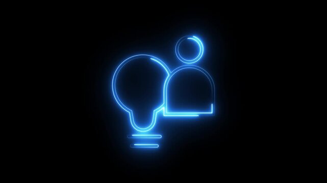 Neon blue lightbulb and user avatar symbol glowing on dark black background motion graphic.