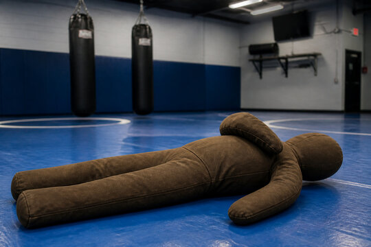 Grappling dummy on wrestling mat in training gym, martial arts and fitness concept
